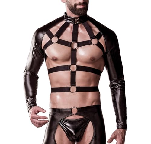 Grey Velvet 3-teilges Herren Harness-Set aus Harness Bolero, Langer Chaps und String in schwarz aus Kunstleder S/M von Grey Velvet