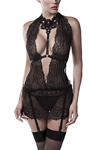 Grey Velvet 4-teilges Frauen Dessous Spitzen Set aus Neckholder Kleid, Top-Harness, Strumpfhalter und String schwarz transparent L von Grey Velvet