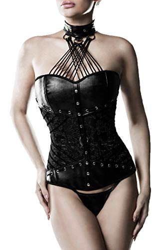 Grey Velvet Schwarze Kunstleder Corsage mit Halsband, Stützstäbe, Spitze und Schnürung inkl. String Frauen Korsette 2XL von Grey Velvet