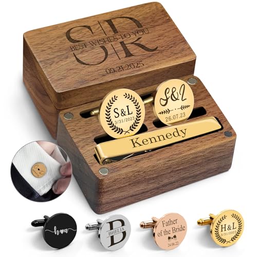 Manschettenknöpfe für Herren, personalisierbar, graviert, Krawattenklammer-Set mit gravierter Holzbox, Hochzeits-Manschettenknöpfe, Schmuckgeschenk für Bräutigam, Vatertag Manschettenknöpfe für Herren, personalisierbar, graviert, Krawattenklammer-Set mit gravierter Holzbox, Hochzeits-Manschettenknöpfe, Schmuckgeschenk für Bräutigam, Vatertag von Gridachi