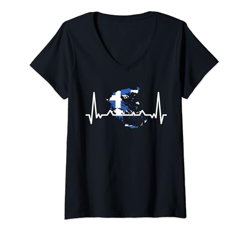 Damen Griechenland Herzschlag Griechische Flagge Puls Griechenland T-Shirt mit V-Ausschnitt von Griechenland Flagge Hellas Shirt Keine Therapie