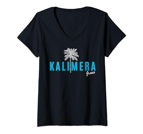 Damen Kalimera Greece Geschenke für Griechenland Liebhaber Greek T-Shirt mit V-Ausschnitt von Griechenland Geschenke Urlaub Greece Fan Palmen