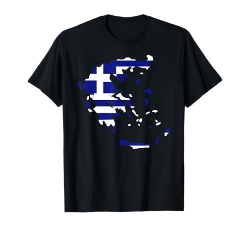 Griechenland Shop - Herren T-Shirt mit Griechenland Karte Flagge - Schwarz, S - Klassisch, Halbarm, Crew-Ausschnitt, Unisex-Erwachsene, Polyester-Baumwolle-Mischung von Griechenland Shop