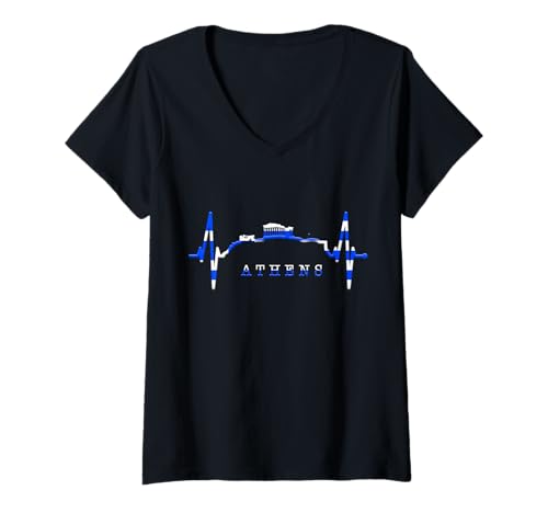 Damen Athen Skyline Herzschlag Liebe Griechenland Flagge Akropolis T-Shirt mit V-Ausschnitt Damen Athen Skyline Herzschlag Liebe Griechenland Flagge Akropolis T-Shirt mit V-Ausschnitt von Griechische Athen Skylines für Griechen mit Herz