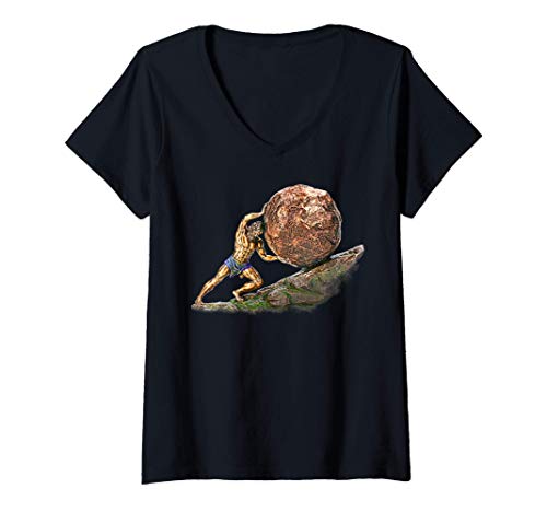 Damen Sisyphus oder Sisyphos Pushing Boulder Uphill T-Shirt mit V-Ausschnitt Damen Sisyphus oder Sisyphos Pushing Boulder Uphill T-Shirt mit V-Ausschnitt von Griechischer Gott und Göttin