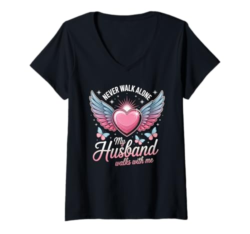 Damen My Husband Walks with Me Grieving Widow Neuheit T-Shirt mit V-Ausschnitt von Grief Awareness Sympathy Gifts