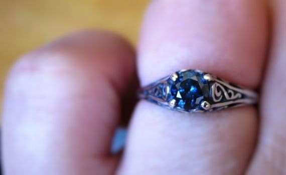 Echter Blauer Diamant .35Ct Runder Brillant Oder Rosenschliff Filigran Ring Sterling Silber Handarbeit Custom Size 3 4 5 6 7 8 9 10 11 Feiner Schmuck von GriffinsNestJewelry