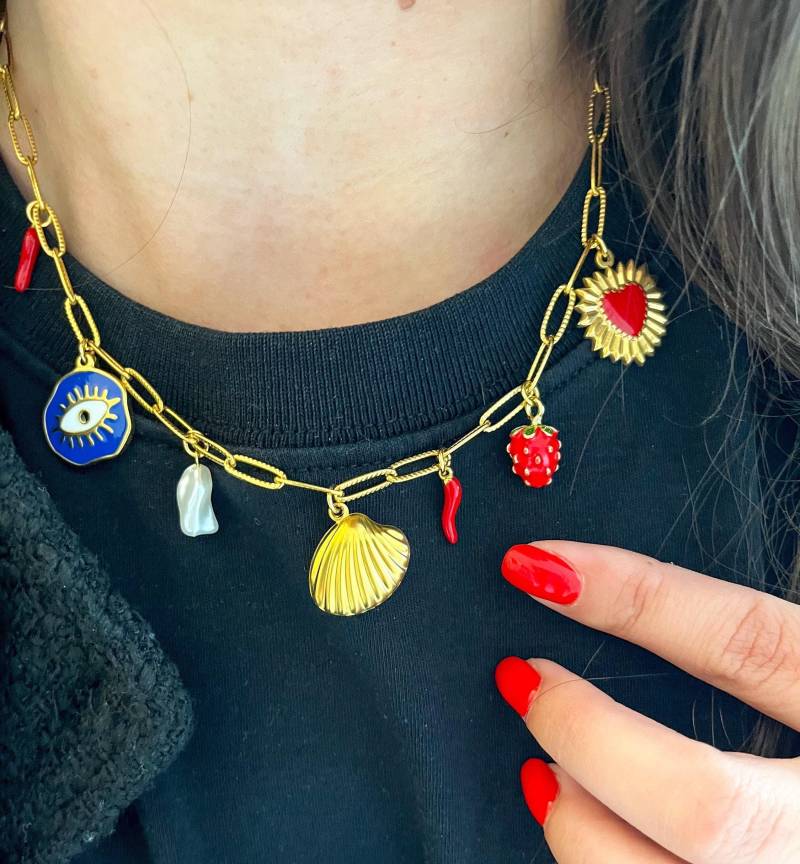 Grigris Pimienta Halskette Quasten Charms Glücksbringer Edelstahl - Grigri Chic Femme, Goldene Quasten, Kette von GrigriChicBijoux