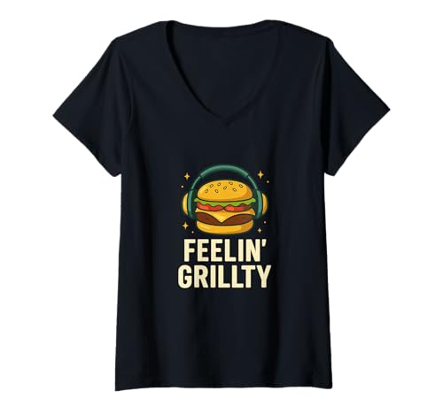 Damen Feelin' Grillty Burger Kopfhörer Lustig T-Shirt mit V-Ausschnitt Damen Feelin' Grillty Burger Kopfhörer Lustig T-Shirt mit V-Ausschnitt von Grill Beats & Burger Vibes