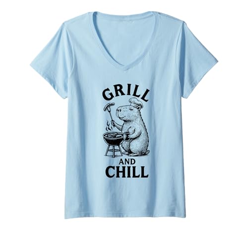 Damen Capybara Grill BBQ Yerba Mate Grillen T-Shirt mit V-Ausschnitt Damen Capybara Grill BBQ Yerba Mate Grillen T-Shirt mit V-Ausschnitt von Grill Chill Capybara Tees Co.