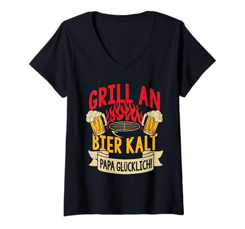 Damen Grillen An Bier Kalt Papa Glücklich Vatertag BBQ Grillem T-Shirt mit V-Ausschnitt von Grillen Vatertag Grillmeister BBQ Papa Geschenk