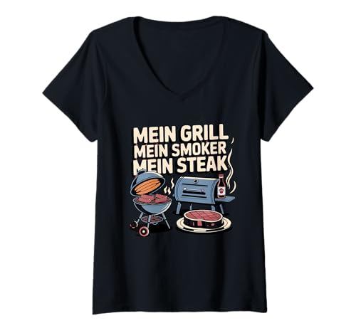 Damen Mein Grill Mein Smoker Mein Steak Grillspaß T-Shirt mit V-Ausschnitt Damen Mein Grill Mein Smoker Mein Steak Grillspaß T-Shirt mit V-Ausschnitt von Grillgrill Raucher Steak -Enthusiast