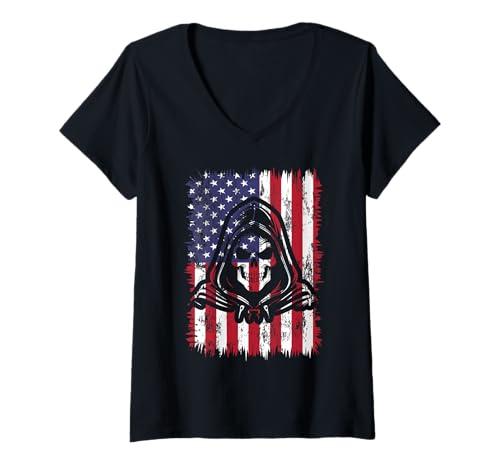 Damen Sensenmann, USA-Flagge, Gothic, Retro, Used-Look T-Shirt mit V-Ausschnitt Damen Sensenmann, USA-Flagge, Gothic, Retro, Used-Look T-Shirt mit V-Ausschnitt von Grim Reaper Death Grunge Goth Alternative Designs