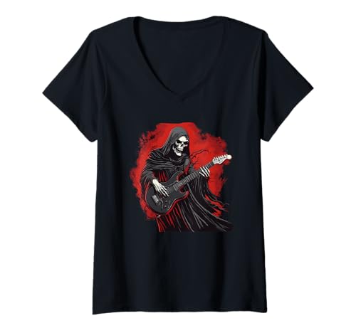 Damen Lustiges Sensenmann-Kostüm mit E-Gitarren-Outfit T-Shirt mit V-Ausschnitt Damen Lustiges Sensenmann-Kostüm mit E-Gitarren-Outfit T-Shirt mit V-Ausschnitt von Grim Reaper Guitarist
