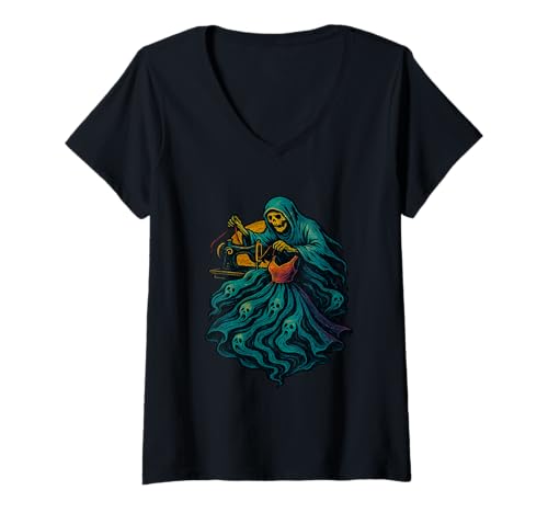 Damen Sensenmann Nähen Geisterkleid mit Totenkopfgesichtern Halloween T-Shirt mit V-Ausschnitt Damen Sensenmann Nähen Geisterkleid mit Totenkopfgesichtern Halloween T-Shirt mit V-Ausschnitt von Grim Stitch Co