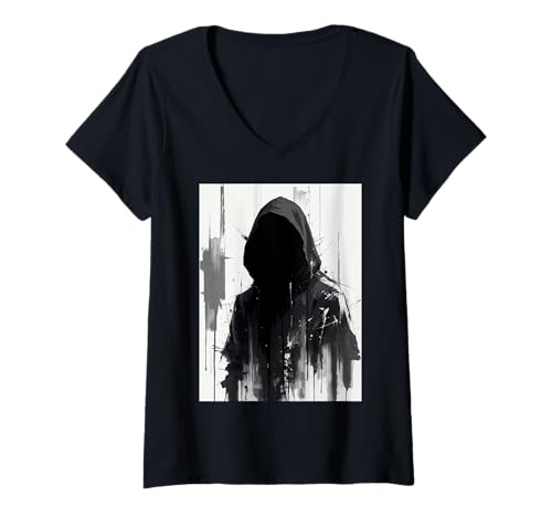 Damen Sensenmann mit Kapuze und dunkel fließendem Umhang T-Shirt mit V-Ausschnitt Damen Sensenmann mit Kapuze und dunkel fließendem Umhang T-Shirt mit V-Ausschnitt von Grim reaper illustration with eerie hood