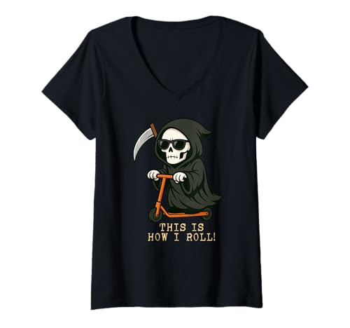 Damen Lustiger Sensenmann Scooter This Is How I Roll Halloween T-Shirt mit V-Ausschnitt von GrimReaperAxis1