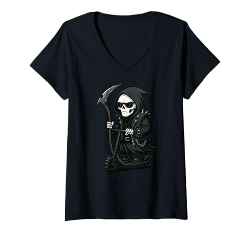 Damen Lustiger Sensenmann This Is How I Roll Halloween Scooter T-Shirt mit V-Ausschnitt von GrimReaperAxis1