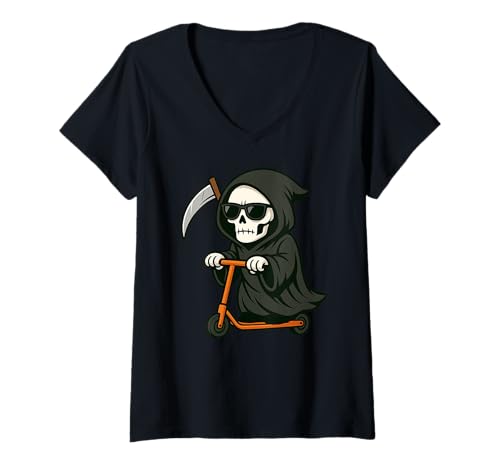 Damen Lustiger Sensenmann This Is How I Roll Scooter Halloween T-Shirt mit V-Ausschnitt von GrimReaperAxis1