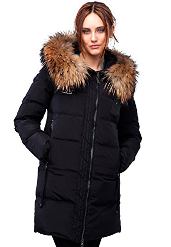 Grimada Damen Jacke Winterjacke Mantel in Daunen-Optik CLASNA mit Echtfellkapuze (40, schwarz) von Grimada