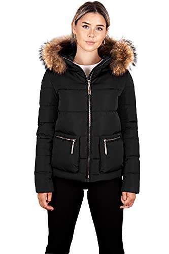 Grimada 6M138M Damen Winter Jacke Tarore in Daunen Optik mit Echtfellkapuze (36, schwarz) von Grimada