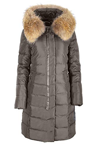 Grimada Damen Jacke Mantel Winterjacke Steppmantel in Daunen-Optik OLANMEAR mit Echtfellkapuze (36,olive) 18719M von Grimada