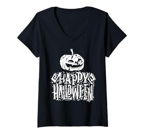 Damen Gruseliger Skizzenkürbis Gesicht Halloween Horror T-Shirt mit V-Ausschnitt von Grimmiger Kürbis Lustiger Grusel Look