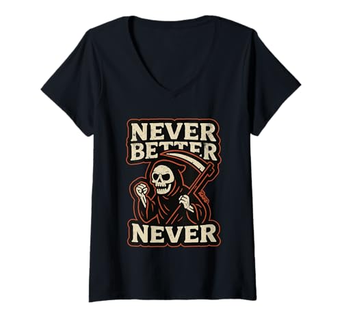 Damen Sensenmann mit Spruch: Niemals Besser gewesen T-Shirt mit V-Ausschnitt von Grimmiger Sensenmann Spruch Grafik