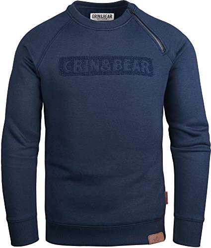 Grin&Bear Herren Crew Neck mit Design Rubber Zip Navy L GEC541 von Grin&Bear