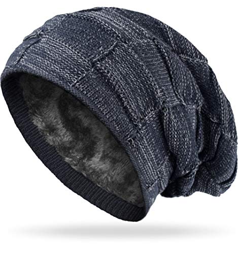 Grin&Bear Long Slouch Beanie Grobstrick Mütze mit Teddy Fleece gefüttert blau M11-7 von Grin&Bear