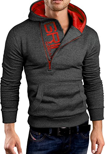 Grin&Bear Slim fit Halfzip Jacke Kapuze Hoodie Sweatshirt Kapuzenpullover, anthrazit-rot, M, GEC401 von Grin&Bear