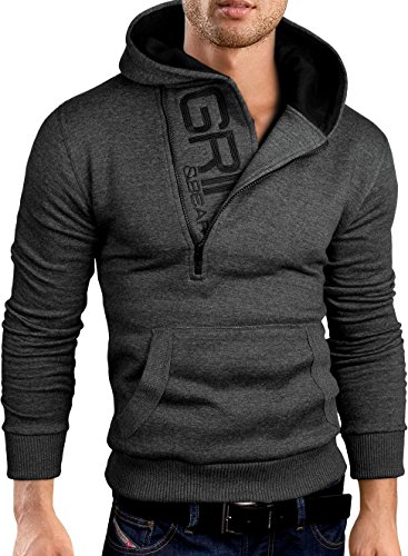 Grin&Bear Slim fit Halfzip Jacke Kapuze Hoodie Sweatshirt Kapuzenpullover, anthrazit-schwarz, S, GEC401 von Grin&Bear