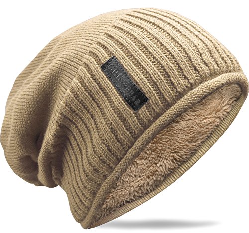 Grin&Bear weiches Unisex Slouch Beanie Mütze in Feinstrick mit warmem Fleece Innenfutter beige M31 von Grin&Bear