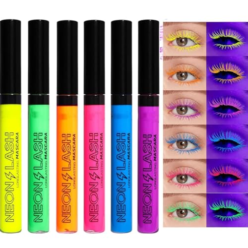 12 Colors UV Glow Neon Mascara Set Matte Rainbow Highly-Pigmented Colourful Mascara for Eye Makeup Tools, Waterproof Smudgeproof Long Lasting Eye Makeup Kit for Women (6pcs) von Grindrom