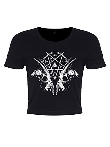 Damen kurz geschnittenes T-Shirt Goat Skull Pentagram Crop Top schwarz von Grindstore