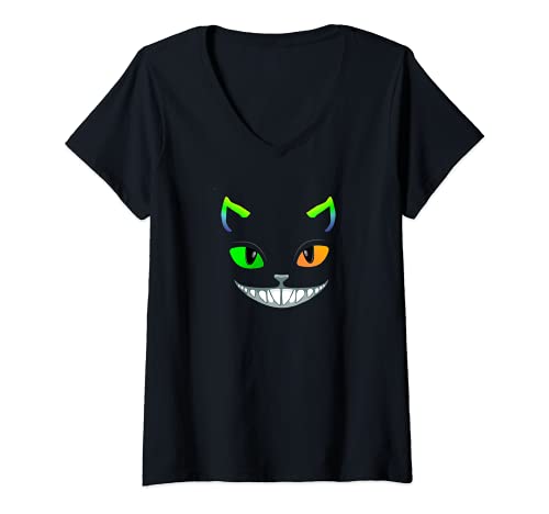 Damen Lachende verrückte Katze Grinsekatze T-Shirt mit V-Ausschnitt Damen Lachende verrückte Katze Grinsekatze T-Shirt mit V-Ausschnitt von Grinsekatzen Kostüm