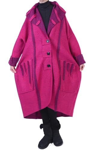 Damen Winter Übergang Lagenlook Wolle Mantel Swinger 44 46 48 50 52 54 56 58 60 62 L XL XXL 3XL 4XL 5XL Warm Lang Trench Coat Schal Kragen (DE/NL/SE/PL, Numerisch, 50, Große Größen, Tall, Pink) von Grisodonna Italian Design