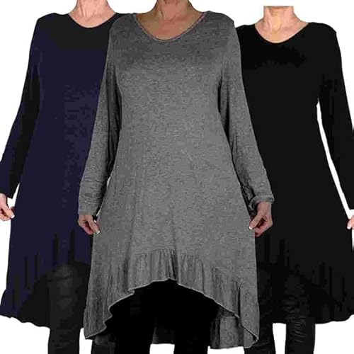 Damen Strick Kleid Long Shirt Pullover Stiefelkleid Tunika 40 42 44 46 48 M L XL XXL 3XL 4XL Rüschen High Low Winter Übergang Office Party Freizeit Grau (Numeric_48) von Grisodonna Style