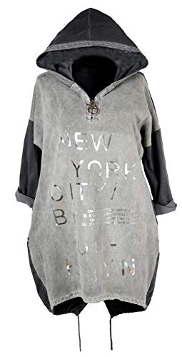 Grisodonna Style Damen Kapuzen Pullover Long Hoodie Langarm Shirt Tunika Kleid Silber metallic Print 38 40 42 44 46 M L XL XXL Sport Freizeit Party Jeans Grau New York (38) von Grisodonna Style