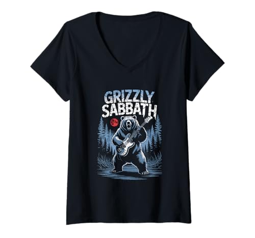 Damen Grizzly Sabbath Bär mit Gitarre Rockmusik Waldszene T-Shirt mit V-Ausschnitt Damen Grizzly Sabbath Bär mit Gitarre Rockmusik Waldszene T-Shirt mit V-Ausschnitt von GrizzGroove