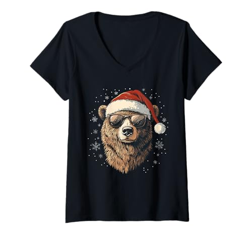 Damen Grizzly Bär Weihnachtsmannmütze Lustig Niedlich Tierliebhaber Weihnachten T-Shirt mit V-Ausschnitt von Grizzly Bear - Christmas Apparel & Gifts