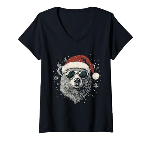 Damen Grizzly Bär Weihnachtsmannmütze Lustig Niedlich Tierliebhaber Weihnachten T-Shirt mit V-Ausschnitt von Grizzly Bear - Christmas Apparel & Gifts