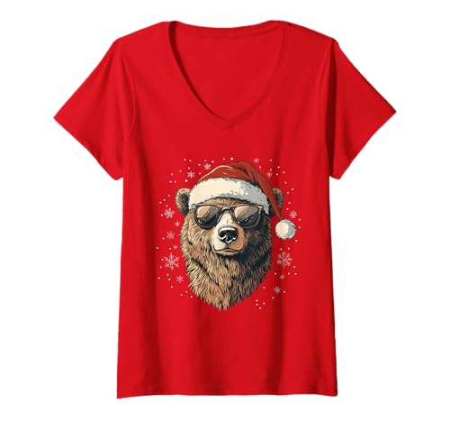 Damen Grizzly Bär Weihnachtsmannmütze Lustig Niedlich Tierliebhaber Weihnachten T-Shirt mit V-Ausschnitt von Grizzly Bear - Christmas Apparel & Gifts