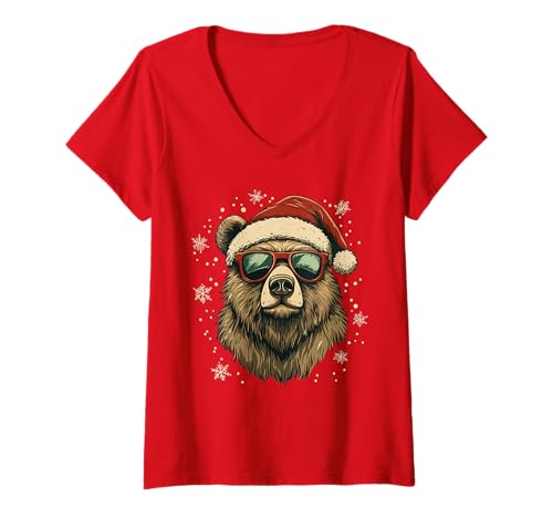 Damen Grizzly Bär Weihnachtsmannmütze Lustig Niedlich Tierliebhaber Weihnachten T-Shirt mit V-Ausschnitt von Grizzly Bear - Christmas Apparel & Gifts