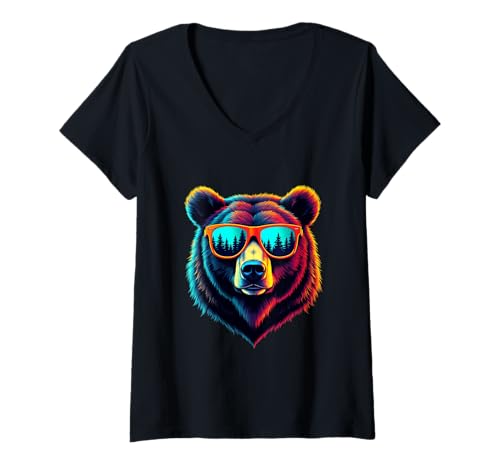 Damen Grizzlybär trägt Sonnenbrille Lustiger Bär T-Shirt mit V-Ausschnitt Damen Grizzlybär trägt Sonnenbrille Lustiger Bär T-Shirt mit V-Ausschnitt von Grizzly Bear Lovers Designs