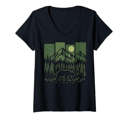 Damen Bär Retro Natur Draußen T-Shirt mit V-Ausschnitt Damen Bär Retro Natur Draußen T-Shirt mit V-Ausschnitt von Grizzlybär Vintage Wandern Wanderer Camping