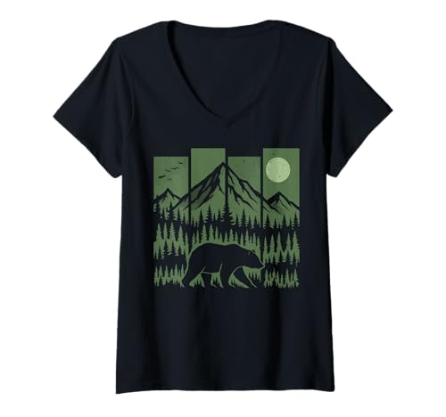 Damen Bär Retro Natur Draußen T-Shirt mit V-Ausschnitt Damen Bär Retro Natur Draußen T-Shirt mit V-Ausschnitt von Grizzlybär Vintage Wandern Wanderer Camping