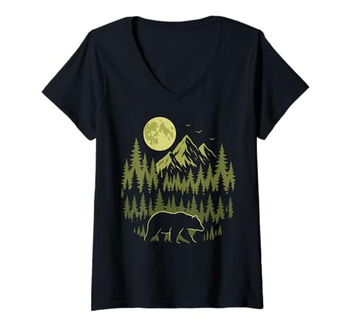 Damen Bär Retro Natur Draußen T-Shirt mit V-Ausschnitt Damen Bär Retro Natur Draußen T-Shirt mit V-Ausschnitt von Grizzlybär Vintage Wandern Wanderer Camping