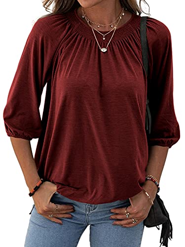Grlasen Damen Mode Solid Rundhals T Shirt Bluse Baumwolle Halbarm 3/4 Arm Casual Lose Falten Basic Tops - Rot - Mittel von Grlasen