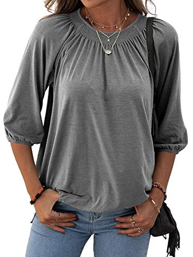 Grlasen Damen Solid Rundhals T-Shirt Bluse Baumwolle Halbarm 3/4 Ärmel Casual Lose Plissee Basic Tops, Grau, Groß von Grlasen